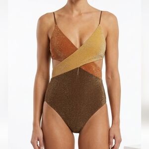 It’s Now Cool Glitter Wrap One Piece Swimsuit Metallic Free People Earth Tones L